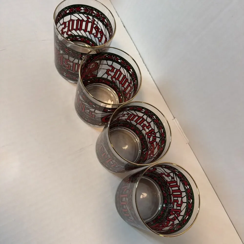 Set 4 Houze Merry Christmas Double Old Fashioned Glasses Stained Glass MCM